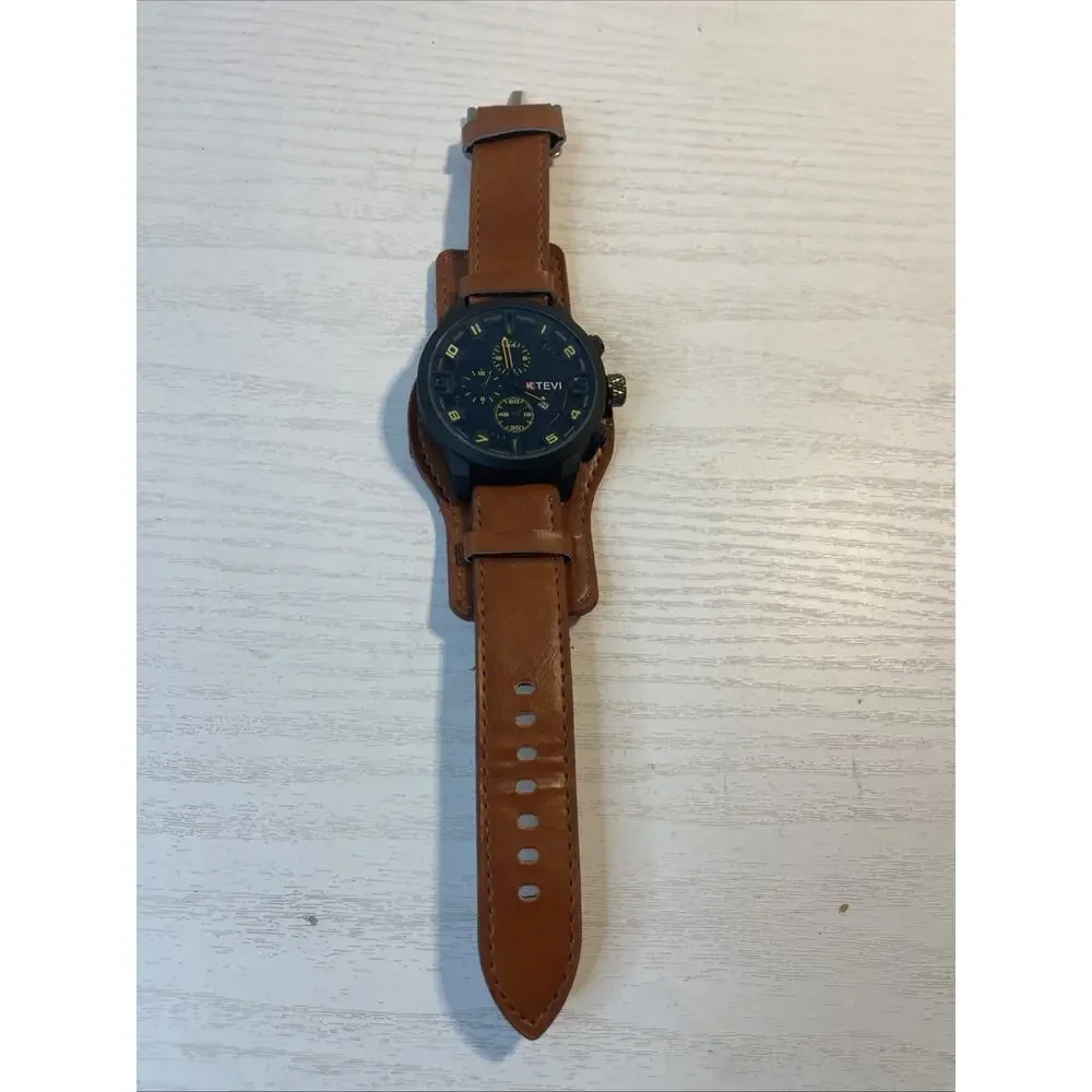 Military Style Men Sport Quartz Watch PU Leather Strap Alloy Brown Fashion